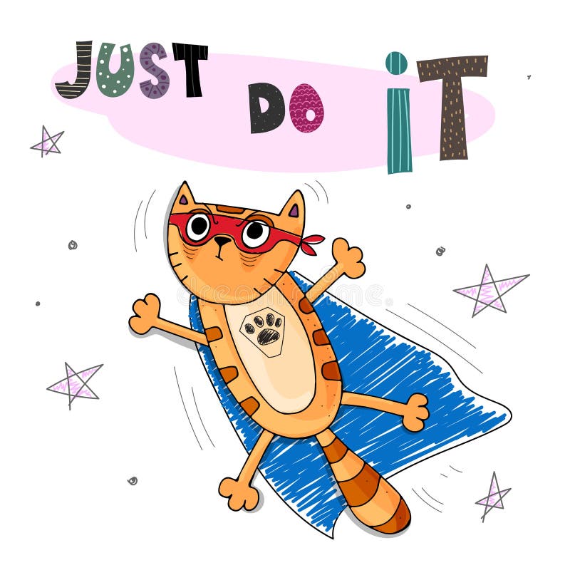 Faccialo appena Illustrazione divertente di vettore dei bambini con un gatto dello zenzero con il mantello blu, gli elementi deco illustrazione vettoriale Faccialo appena Illustrazione divertente di vettore dei bambini con un gatto dello zenzero con il mantello blu, gli elementi deco illustrazione vettoriale