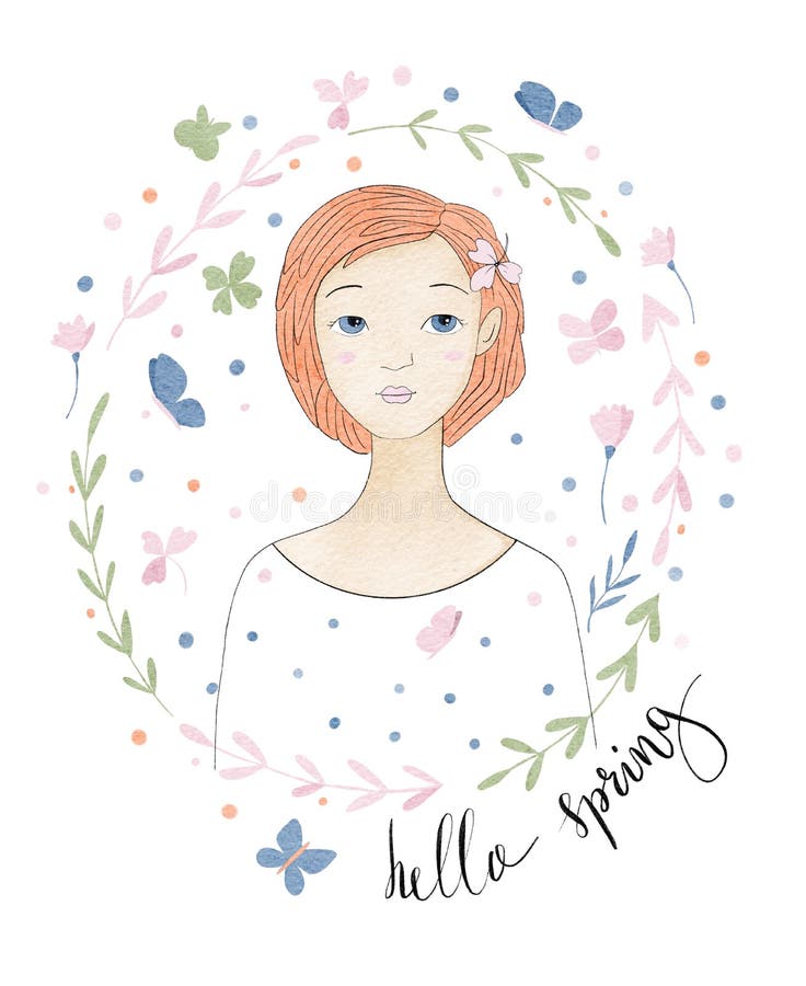Girl in Flowers Drawing, Watercolor Illustration of Beautiful Young Woman with Ginger Hair and