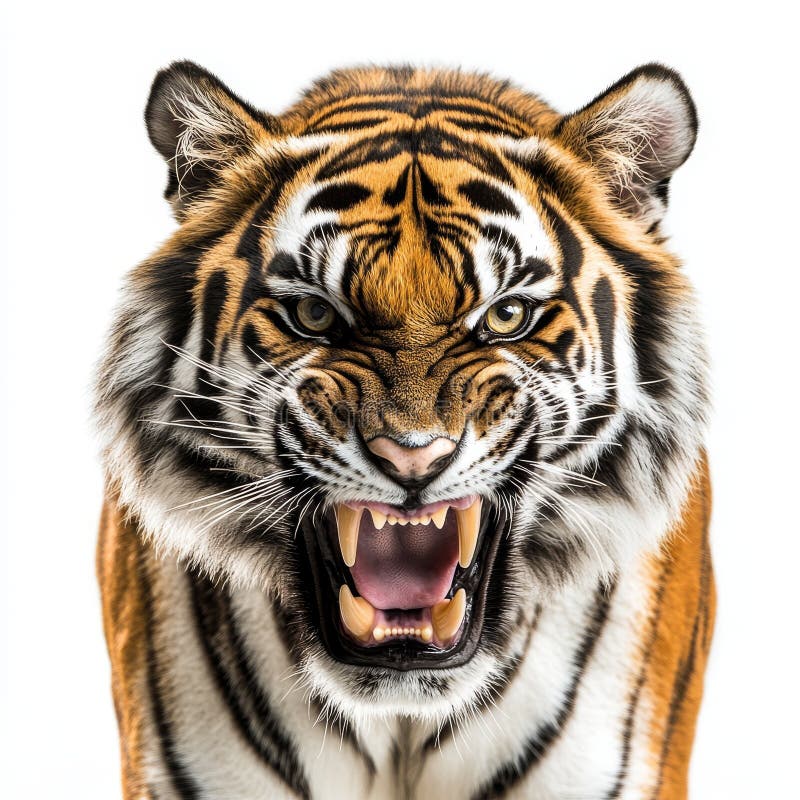 Face of an Angry Tiger Roaring and Opening Its Mouth, Isolated on White