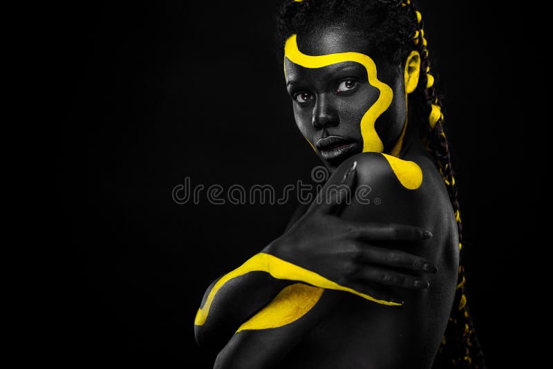 Yellow Black Body Paint Woman Face Stock Photo 2145187131