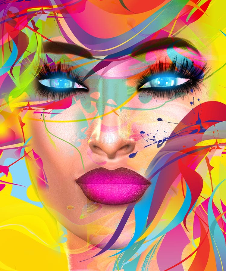 Face of Beautiful Woman in Colorful 3d Render. Stock Illustration