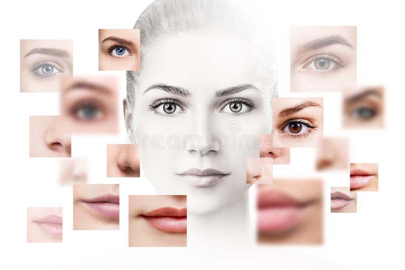 Face of beautiful woman pictured of different parts. stock photo Face of beautiful woman pictured of different parts. stock photo