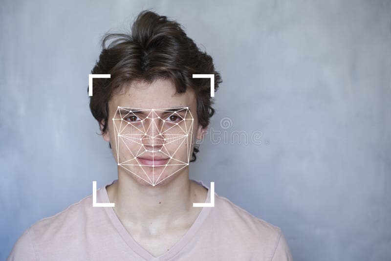 Face Biometrics, The concept of a new technology of face recognition on polygonal grid is constructed by the points of IT security royalty free stock photo