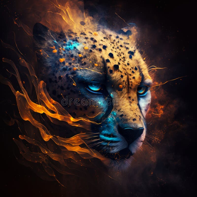 The Face of Cheetah in Flames with Blue Eyes. Generative AI Stock Image