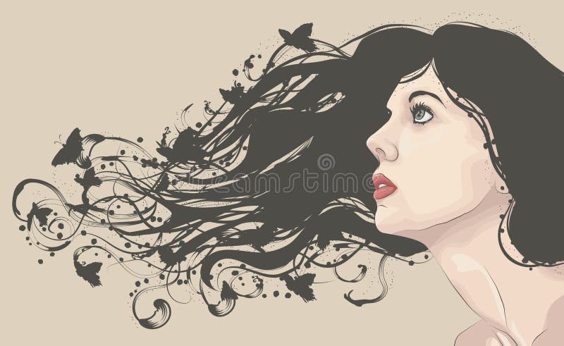 Face da mulher com cabelo de fluxo longo ilustração royalty free Face da mulher com cabelo de fluxo longo ilustração royalty free