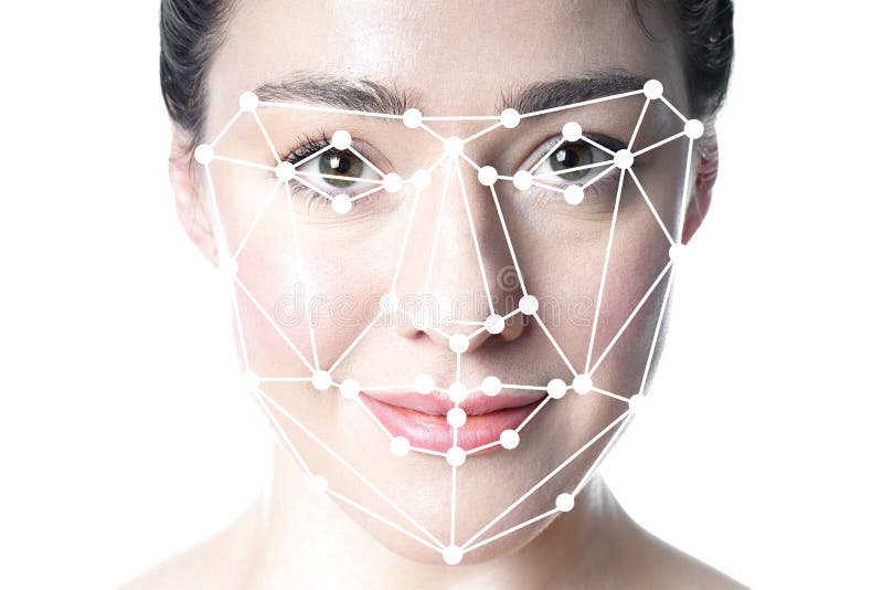 Face detection or facial recognition grid overlay on face of woman royalty free stock photos