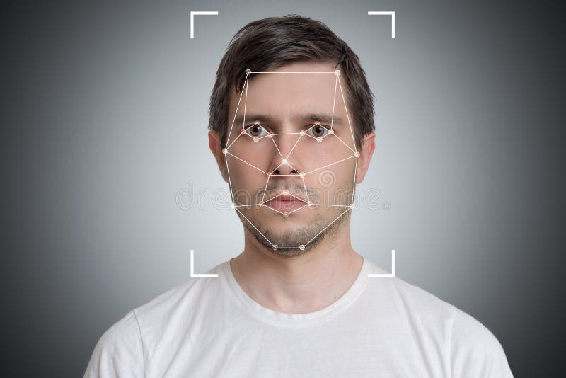 Face detection and recognition of man. Computer vision and artificial intelligence concept stock photography