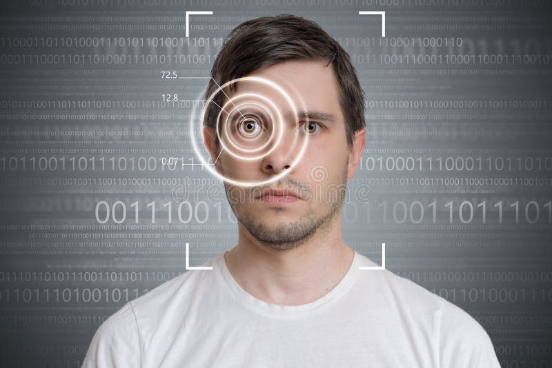 Face detection and recognition of man. Computer vision concept. Binary code in background royalty free stock photos
