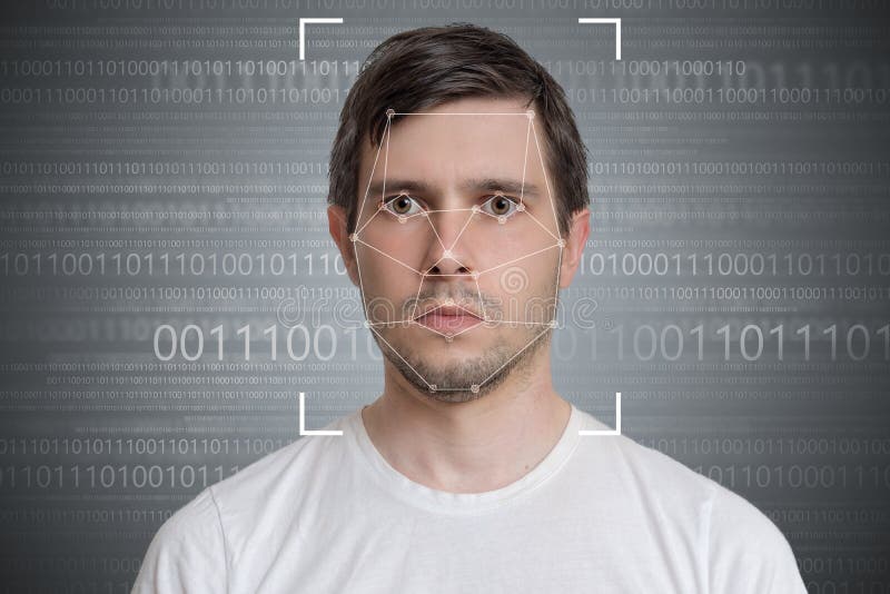 Face detection and recognition of man. Computer vision concept. Binary code in background royalty free stock photo