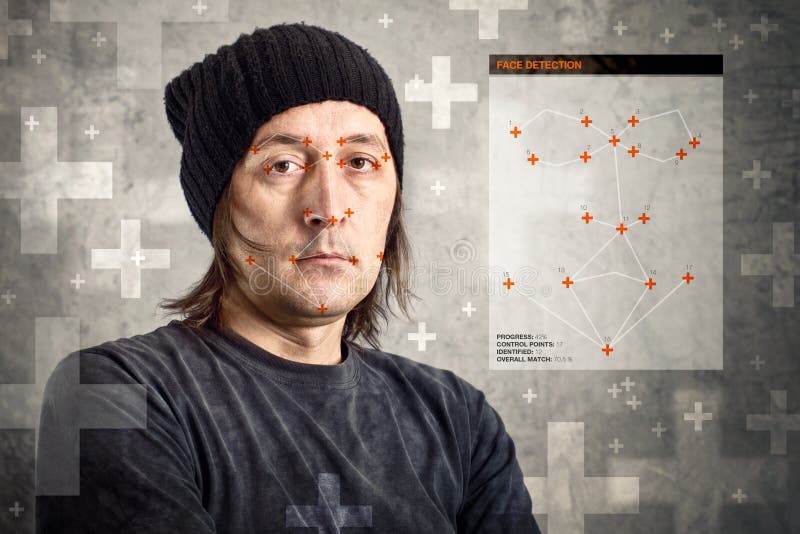 Face detection software recognizing a face of man stock images