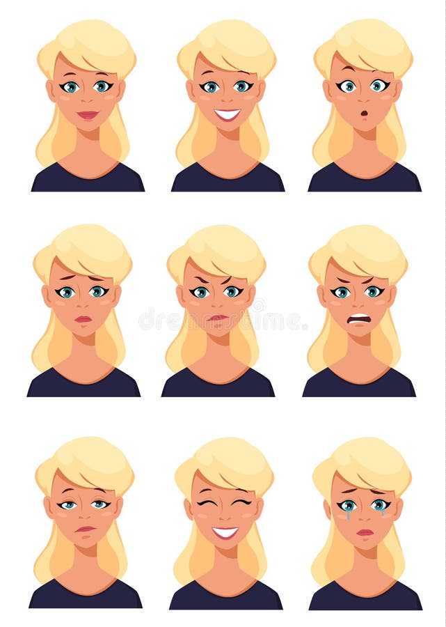 Face expressions of a blonde woman. Different female emotions set. Attractive cartoon character. Vector illustration on white background.