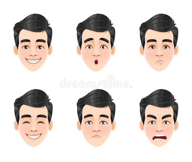 Face expressions of handsome man with dark hair. Six different male emotions, set. Young guy cartoon character. Vector illustration isolated on white background