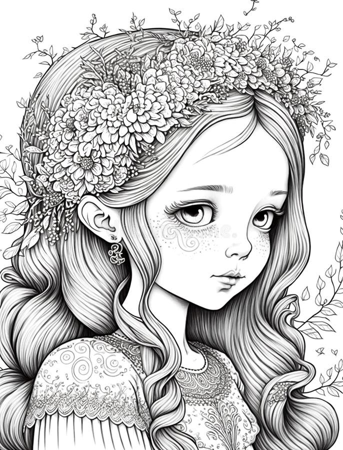 Face of a Girl, Outline Digital Cartoon Illustration, Coloring Page ...