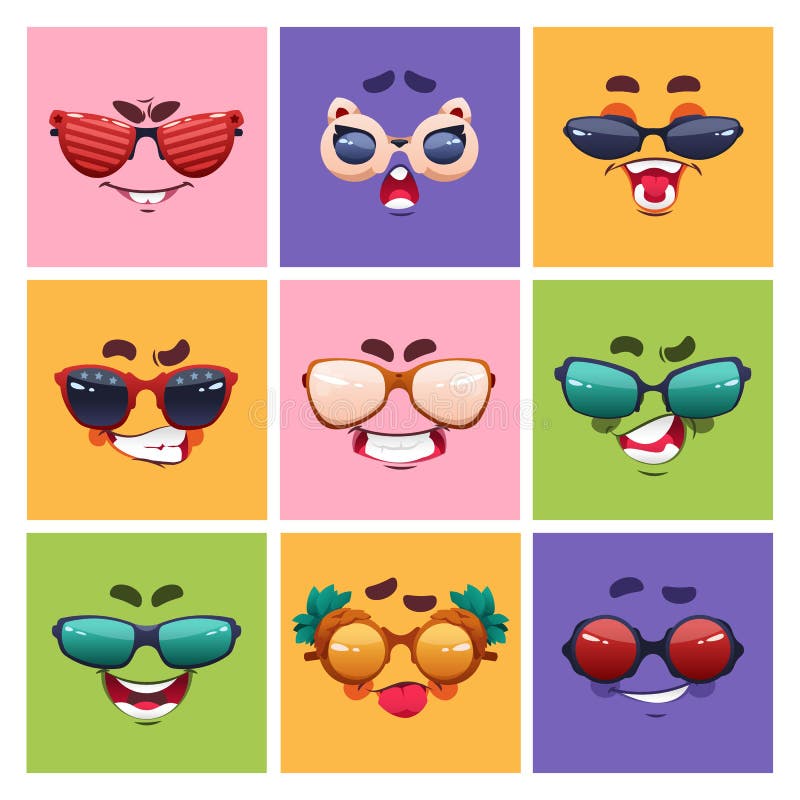 Face with Glasses Emotion. Cartoon Characters with Comic Expressions and  Sunglasses. Smiling Nerd Cute Avatar. Eyebrows Stock Vector - Illustration  of emotional, teeth: 237944314