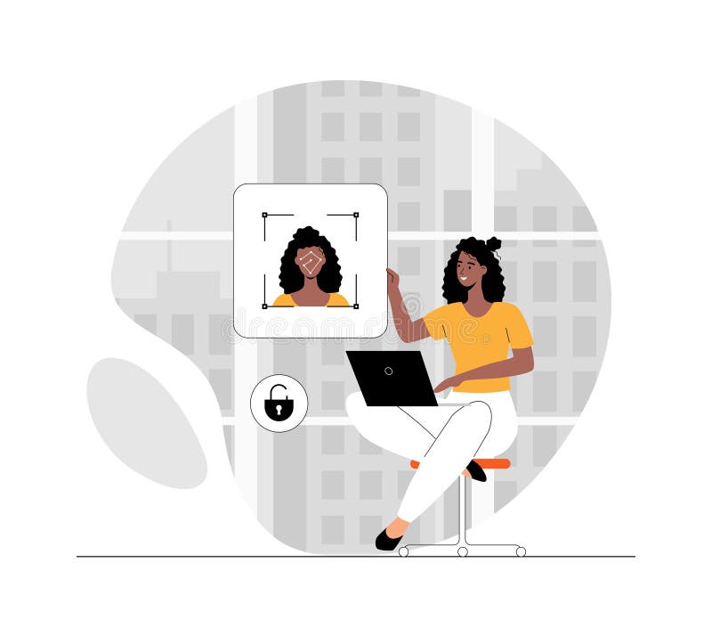 Face identity concept. Security and identity verification. Woman accessing her account with user face recognition. Illustration stock illustration