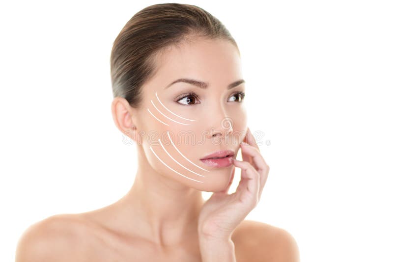 Face lift treatment anti aging skincare beauty woman concept. Skin care Asian model touching face with lifting arrows