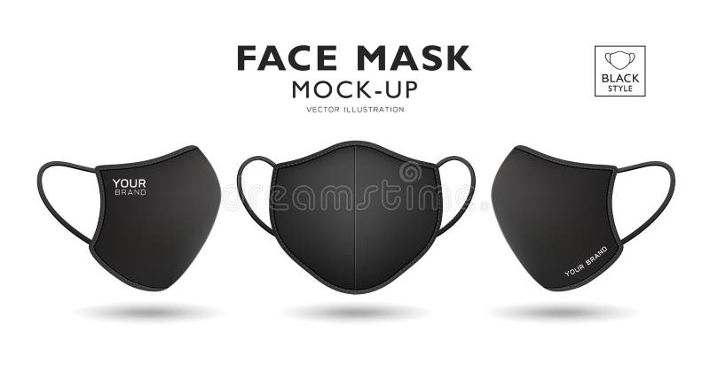 Face Mask Fabric Black Color Mock Up Front and Side, Realistic Template