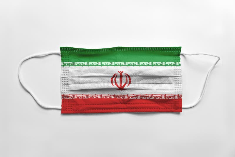 Face mask with Iran flag printed, on white background, isolated royalty free illustration