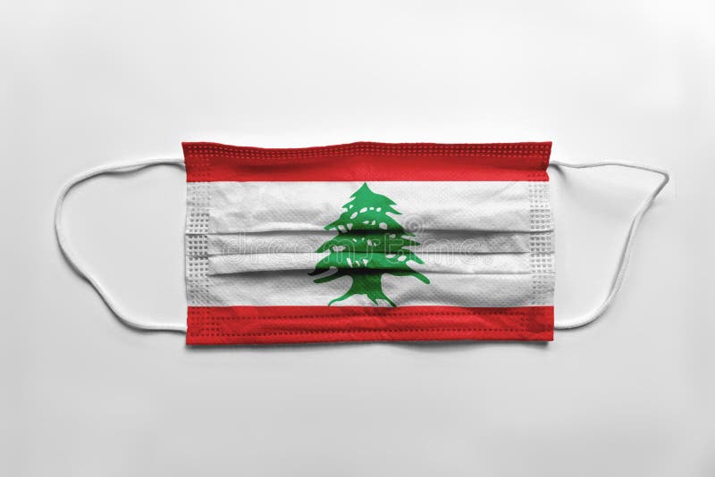 Face mask with Lebanon flag printed, on white background, isolated stock illustration