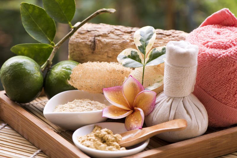 Face mask with Thanaka and lemon , spa treatments on natural background. stock photo Face mask with Thanaka and lemon , spa treatments on natural background. stock photo