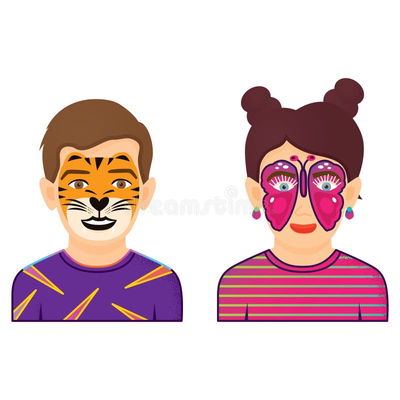 Face Painting Icons. Boy and Girl with Tiger and Butterfly Painting Isolated on White Background vector illustration