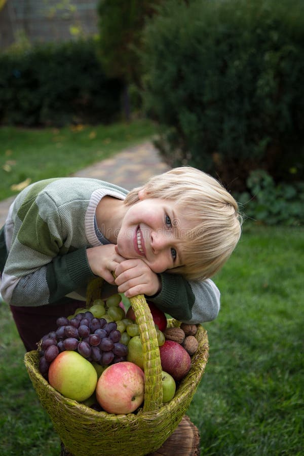 face of a positive boy 6 years old near a basket full of organic ripe apples and grapes