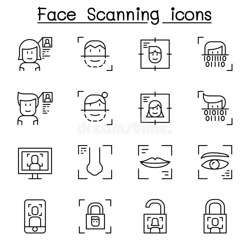 Face scanning, Face recognition and biometric authentication icon set in thin line style vector illustration Face scanning, Face recognition and biometric authentication icon set in thin line style vector illustration