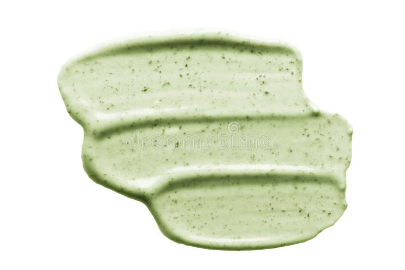 Face scrub creamy texture. Green natural cosmetic exfoliation cleanser smear smudge isolated on white. Facial mask sample stock image