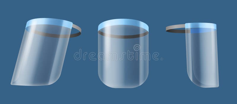 Face shield. Realistic protective transparent different angles face screen, infection prevention accessory, head medical royalty free illustration