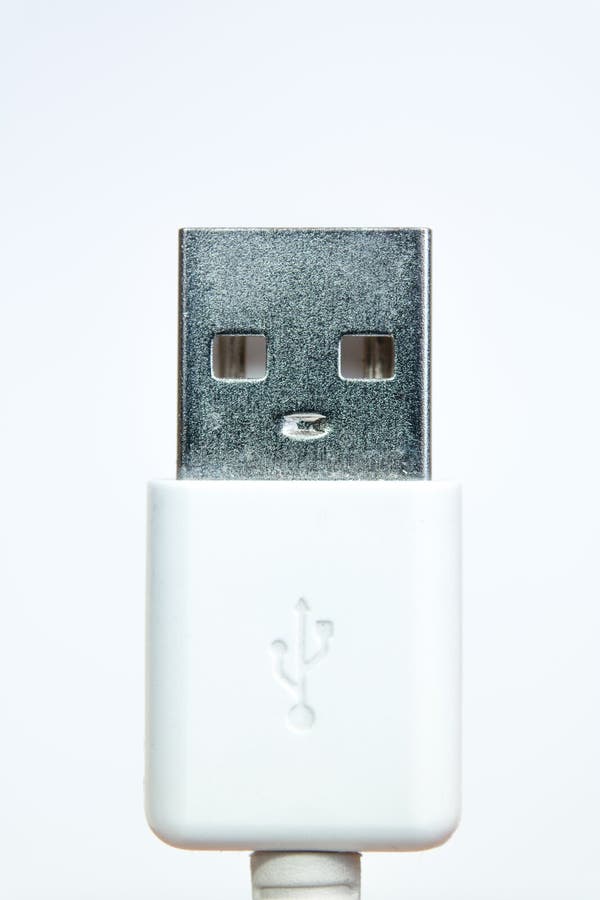 The face of usb cord head on a white background close up vertical. The face of usb cord head like a live robot on a white background close up vertical