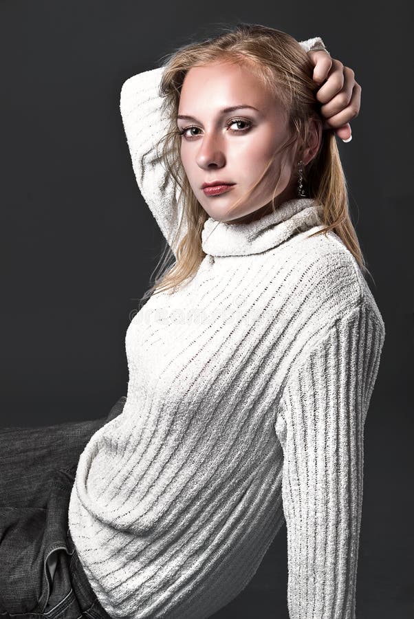 Face Of Young Woman In White Sweater Stock Photo Image Of Posing