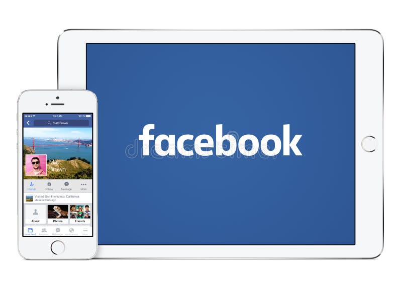 Facebook app on the Apple iPhone 5s in portrait orientation and Facebook new logo on the Apple iPad Air 2 in landscape orientation. Isolated on white background. Varna, Bulgaria - February 02, 2015. Facebook app on the Apple iPhone 5s in portrait orientation and Facebook new logo on the Apple iPad Air 2 in landscape orientation. Isolated on white background. Varna, Bulgaria - February 02, 2015.