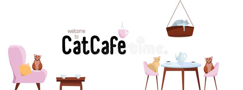 Facebook Cover Web Banner Social Media Design Welcome to cat cafe Template Vector on white background.Cats sit on stylish chairs stock illustration Facebook Cover Web Banner Social Media Design Welcome to cat cafe Template Vector on white background.Cats sit on stylish chairs stock illustration
