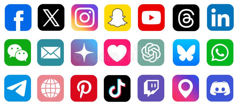 Facebook instagram x twitter youtube νήματα snapchat pinterest whatsapp linkedin tiktok. εικονίδια επικοινωνίας και μέσων κοινωνικ απεικόνιση αποθεμάτων