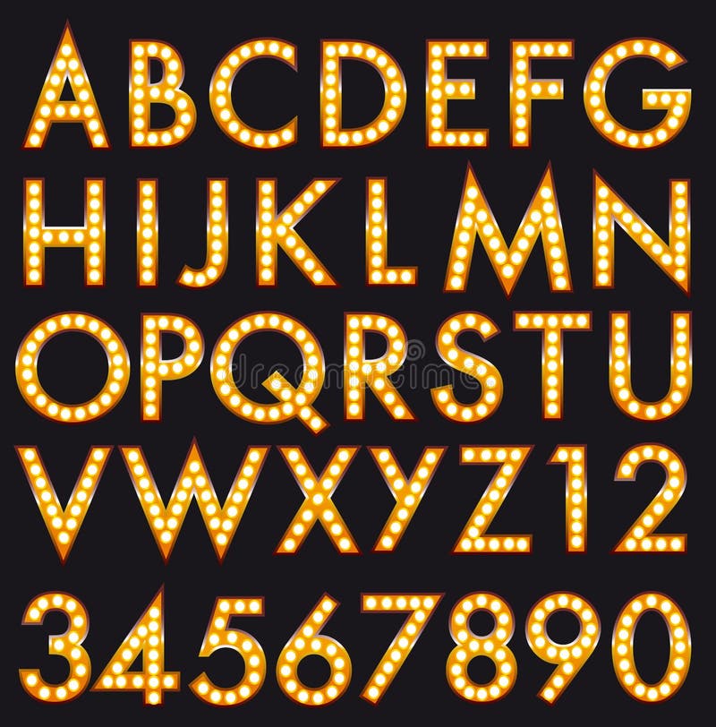 Vector Marquee Bulb Alphabet realistic Letters and numbers font set ispired to Broadway Style. Each Letter is grouped and Isolated. You can resize Letters as yuo like, cusomizing Size and colors. Vector Marquee Bulb Alphabet realistic Letters and numbers font set ispired to Broadway Style. Each Letter is grouped and Isolated. You can resize Letters as yuo like, cusomizing Size and colors