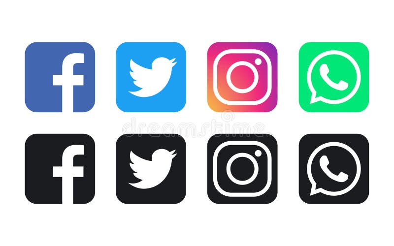 Facebook, WhatsApp, Twitter and Instagram logo. Vector illustration. Facebook, WhatsApp, Twitter and Instagram icon. Facebook, WhatsApp, Twitter and Instagram logo. Vector illustration. Facebook, WhatsApp, Twitter and Instagram icon.