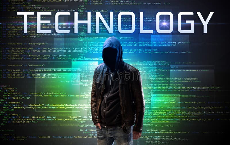 Faceless hacker on code background. Faceless hacker with TECHNOLOGY inscription on a binary code background