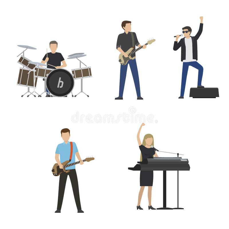 Faceless musicians play on big drum set, electric guitar, bass guitar, black synthesizer and sing in microphone isolated vector illustrations set. Faceless musicians play on big drum set, electric guitar, bass guitar, black synthesizer and sing in microphone isolated vector illustrations set.