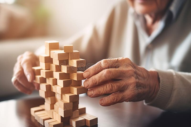 Persoană în vârstă cu demență, care se joacă cu blocuri de lemn în clinica geriatrică sau în căminul de bătrâni. generate de