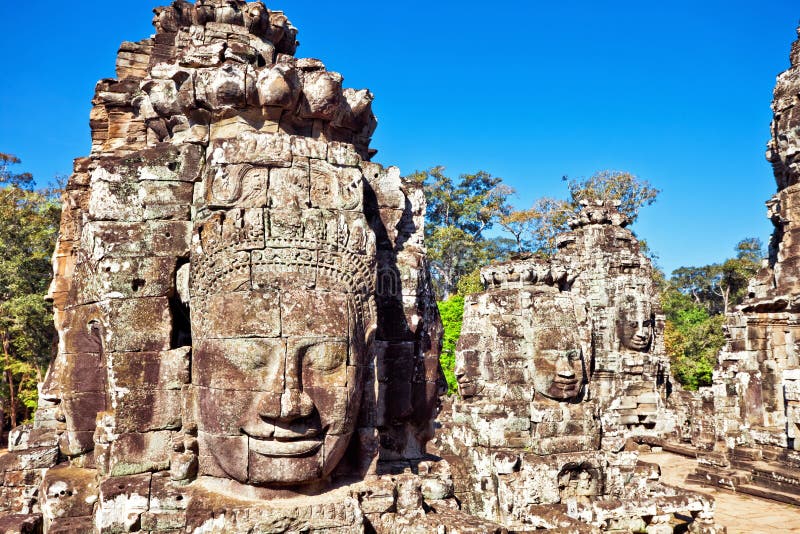 Faces of ancient Bayon Temple At Angkor Wat