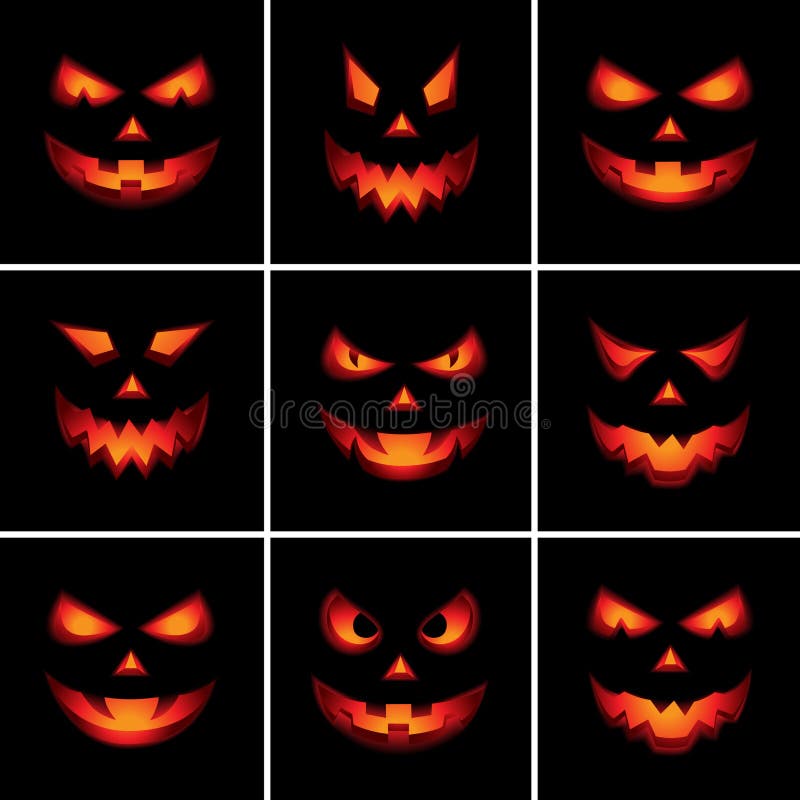 Rostos assustadores de halloween rosto sorridente abóbora de halloween ou  desenho fantasma sorriso assustador olhos negros isolados e bocas máscaras  de férias conjunto de vetores berrante