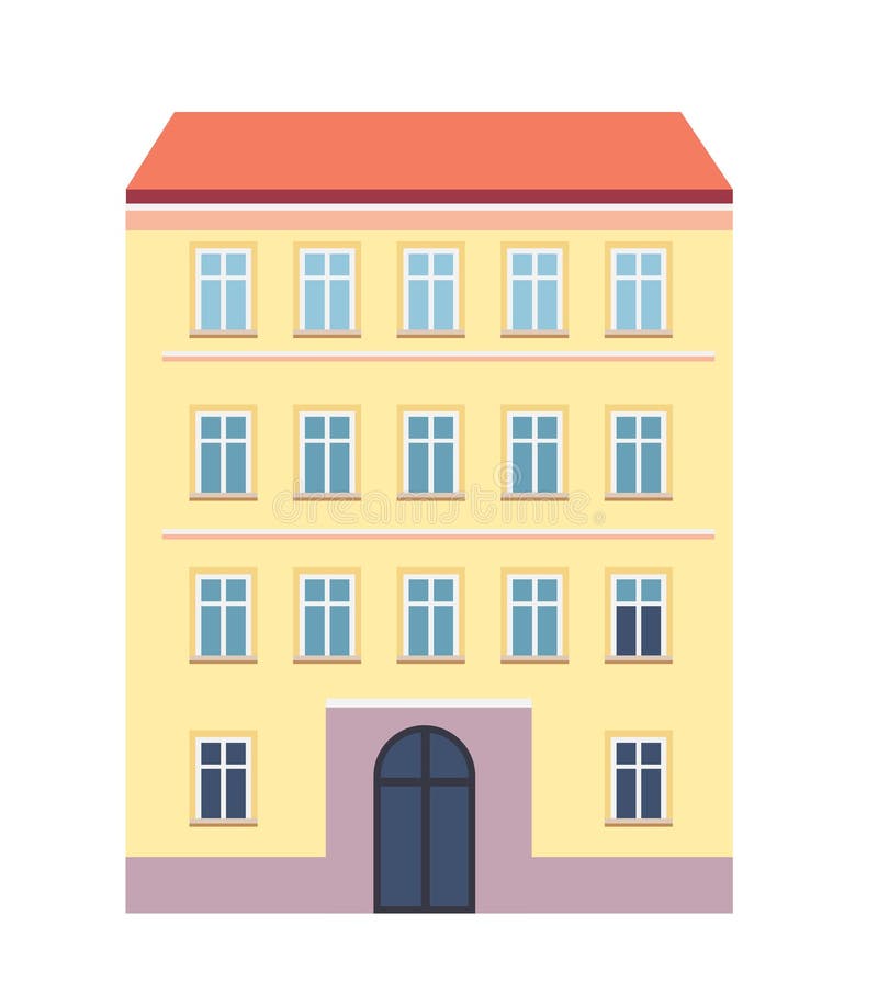 Fachada de construcción europea destino arquitectura de viaje edificio de cuatro pisos amarillo con techo rojo ventanas azul centr libre illustration
