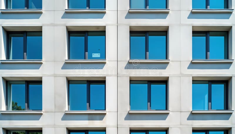 Fachada moderna de hormigón minimalista con ventanas rectangulares azules. estructura urbana alta con estética clara. ilustración del vector