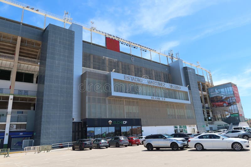 Elche, Alicante, Spain, May 3, 2024: Main west side facade of the Martinez Valero stadium of Elche football club. Elche, Alicante, Spain. Elche, Alicante, Spain, May 3, 2024: Main west side facade of the Martinez Valero stadium of Elche football club. Elche, Alicante, Spain