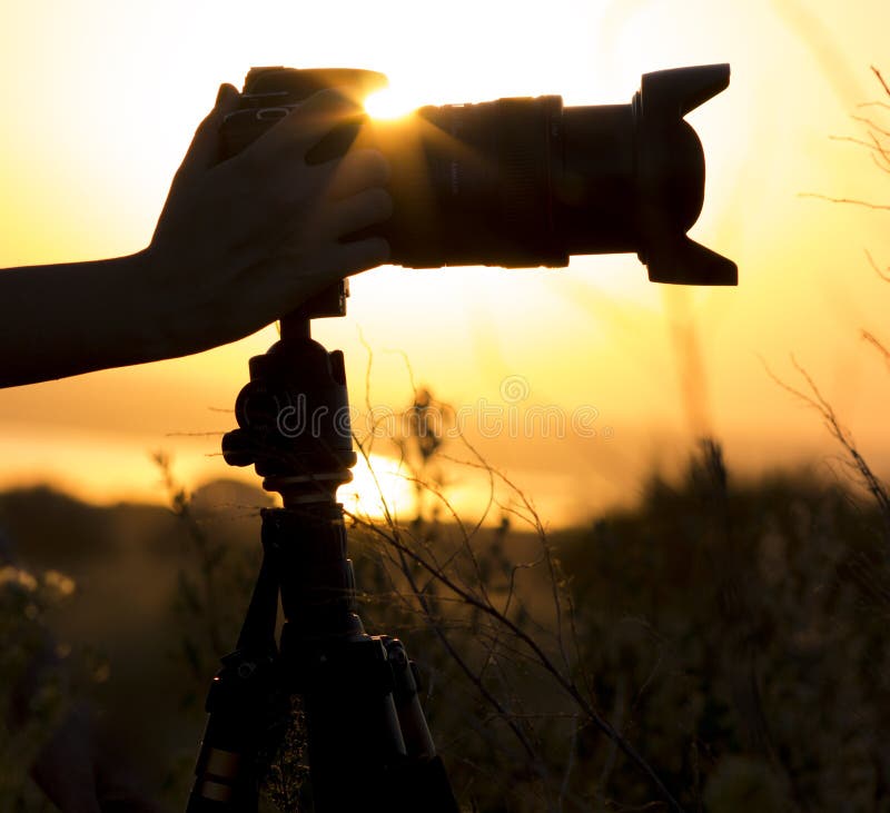 Fachowa fotografii kamera na tripod sylwetce w zmierzchu z obiektywu kapiszonem w rękach kobiety zdjęcie royalty free Fachowa fotografii kamera na tripod sylwetce w zmierzchu z obiektywu kapiszonem w rękach kobiety zdjęcie royalty free