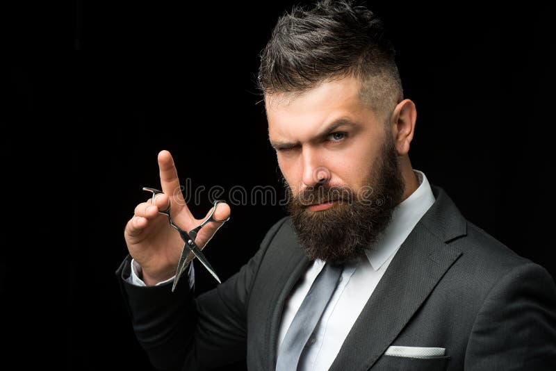 Facial Care. Bearded Man in Formal Business Suit. Brutal Male Hipster Cut Hair with Hairdressing Scissors Stock Image - Image of black, male: 146708079 Facial Care. Bearded Man in Formal Business Suit. Brutal Male Hipster Cut Hair with Hairdressing Scissors Stock Image - Image of black, male: 146708079