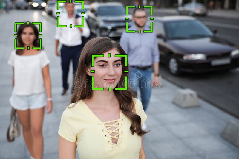 Facial recognition system identifying people on city street. Digital system concept stock images, royalty-free photos and pictures