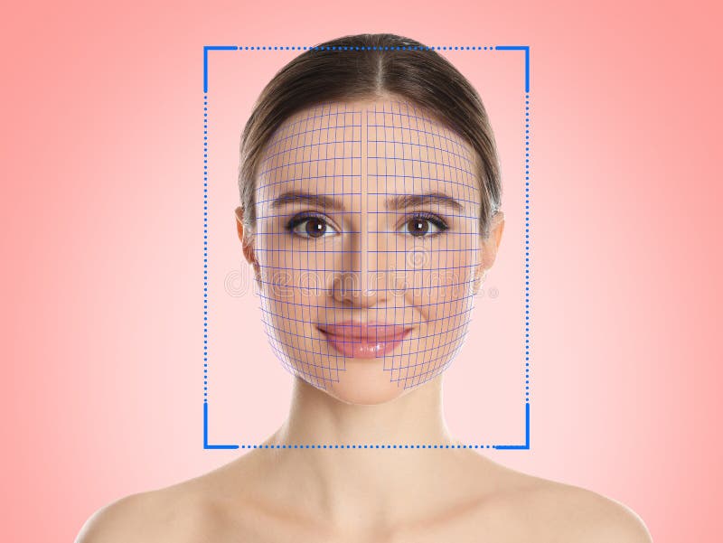 Facial recognition system. Woman with scanner frame and digital grid on pink background