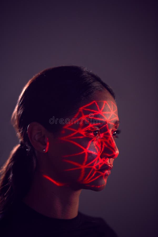 Facial Recognition Technology Concept As Woman Has Red Grid Projected ...