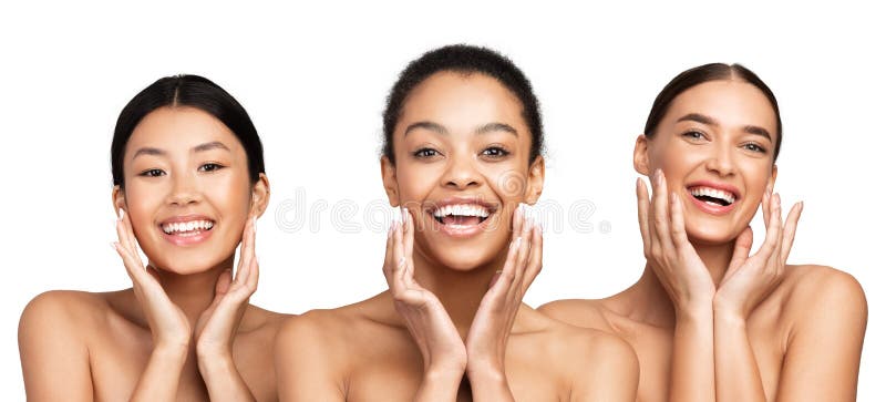 Three Diverse Girls Posing Touching Face, White Background, Panorama